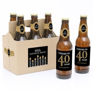 Adult 40th Birthday - Gold - Decorations for Women and Men - 6 Beer Bottle Labels & 1 Carrier - Birthday Gifts for Women and Men