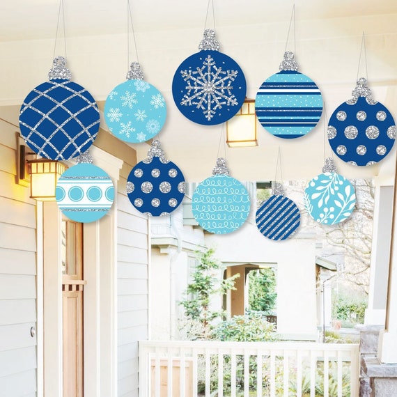 Hanging Blue and Silver Ornaments - Outdoor Christmas Porch & Tree Yard Decorations - Holiday Tree Ornaments - Christmas Balls - 10 Pc. Set Il_570xn