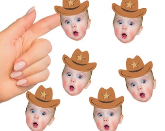 Custom Photo My First Rodeo - Little Cowboy 1st Birthday Party Favors - Fun Face Cut-Out Stickers - Set of 24