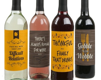 Gobble 'Til You Wobble - Funny Thanksgiving Wine Bottle Labels for Women and Men - Set of 4 Sticker Labels
