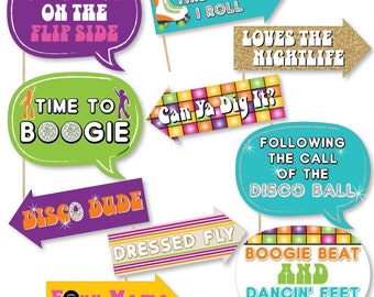 Funny 70's Disco Party Photo Booth Props - Boogie Party Photo Booth Prop Kit - 70's Disco Selfie Photo Props - 10 pc.