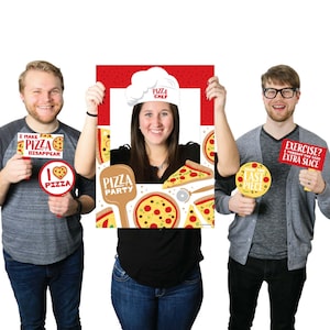 Pizza Party Time - Baby Shower or Birthday Party Selfie Photo Booth Picture Frame and Props - Printed on Sturdy Material