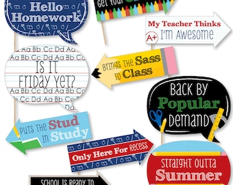 Funny Classic Back To School - 1st Day of School Decorations and Photo Booth Props Kit - 10 Piece Set