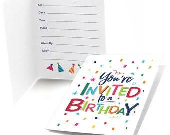 Cheerful Happy Birthday - Fill In Invites - Colorful Birthday Party Invitations - Birthday Party Invites - 8 Folding Note Cards w/Envelopes
