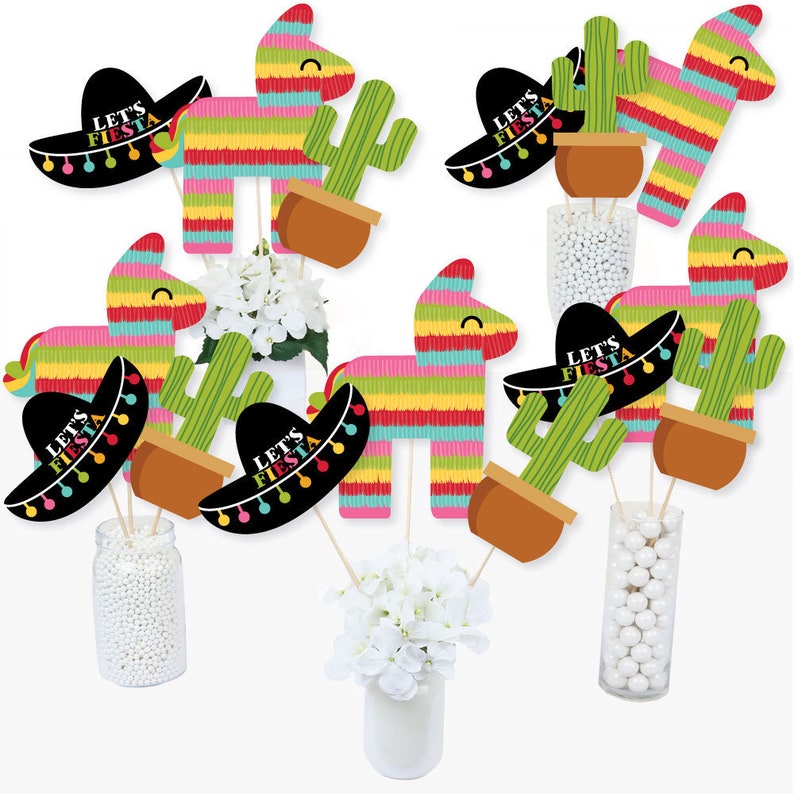 Lets Fiesta  Mexican Fiesta  Centerpiece Sticks  Cinco de Mayo Baby Shower Table Toppers  Fiesta Birthday Party Supplies  15 Ct