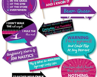 Funny Tumble, Flip & Twirl - Gymnastic Photo Booth Props - Birthday Photo Booth Prop Kit - Funny Gymnast Party Selfie Photo Props - 10 pc