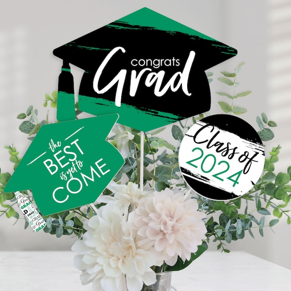 Green Grad - Best is Yet to Come - 2024 Green Graduation Party Centerpiece Sticks - Table Toppers - Set of 15