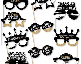May include: Black and gold photo booth props with text such as "Class Reunion", "Best Class Ever!" and "Reunited".