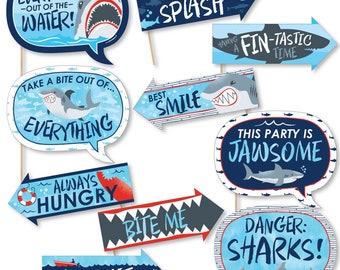 Funny Shark Zone - Jawsome Shark Party or Birthday Party Photo Booth Props Kit - 10 Piece