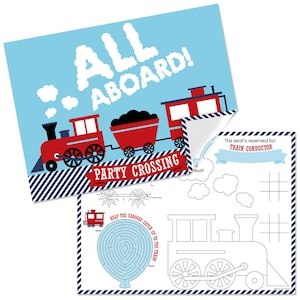 May include: A red and blue train themed party favor with a maze and a coloring page. The text on the favor reads "All Aboard!" and "Party Crossing". The text on the back of the favor reads "This seat is reserved for: Train Conductor".