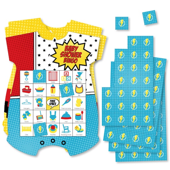 BAM! Superhero - Picture Bingo Cards and Markers - Baby Shower Shaped Bingo Game - Set of 18 by ...