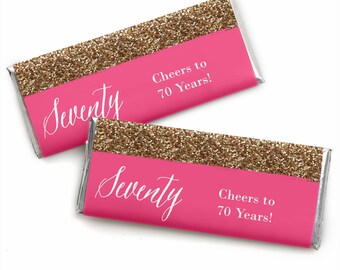 Chic 70th Birthday – Pink and Gold - Candy Bar Wrappers - Birthday Party Favors - 24 Count