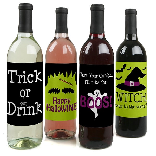 Trick or Treat - Custom Halloween Wine Bottle Labels for Adult Halloween Parties - for Women and Men  Set of 4