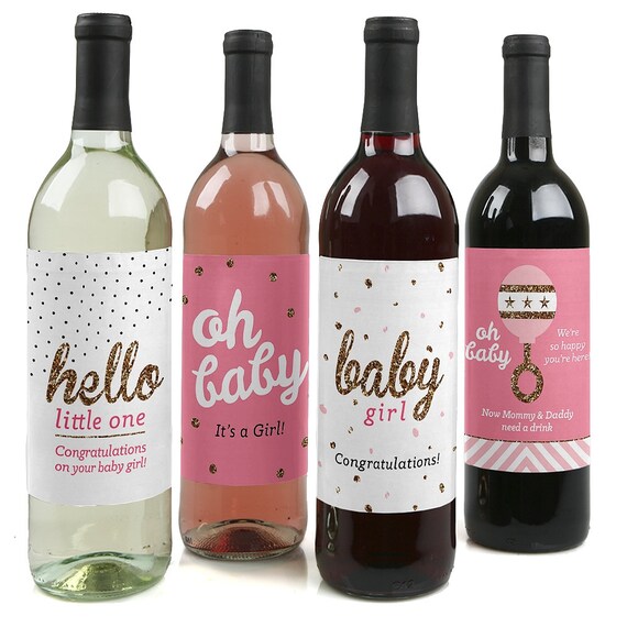 Hello Little One - Pink and Gold - Baby Shower Wine Bottle Labels - Funny Baby Shower Gift for New Parents - 4 Wine Labels Il_570xn