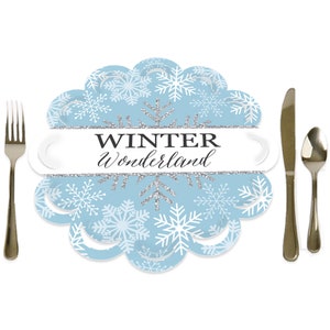 May include: Blue and white snowflake patterned paper placemat with a white banner that says "WINTER wonderland" in black script. The banner has a silver glitter effect.