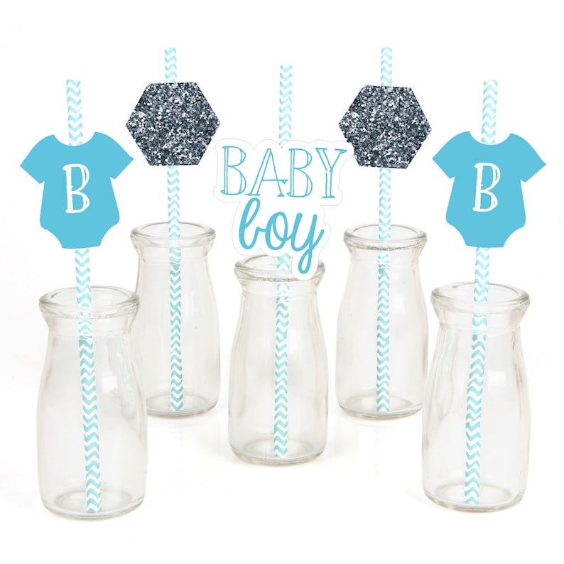 Baby Boy Baby Shower Paper Cut-Outs /& Striped Paper Straws Set of 24 Die-Cut Straw Decorations