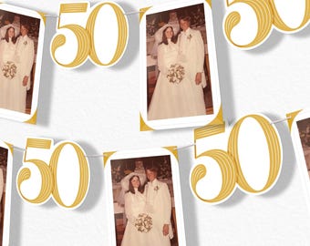 Custom Photo 50th Wedding Anniversary Garland Banner, Personalized Golden Party, 30 Feet of Cord, 5 Photo Cutouts & 5 Gold Number 50 Shapes