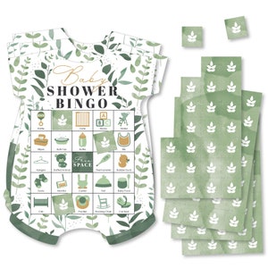 Pode incluir: Um cart&atilde;o de bingo de ch&aacute; de beb&ecirc; verde e branco com um design de macac&atilde;o de beb&ecirc;. O cart&atilde;o tem um espa&ccedil;o livre e 24 quadrados com itens para beb&ecirc;s, como um chocalho, um babador, um animal de pel&uacute;cia e uma cadeira de balan&ccedil;o. O cart&atilde;o &eacute; acompanhado por 25 quadrados verdes e brancos com um design de folha.
