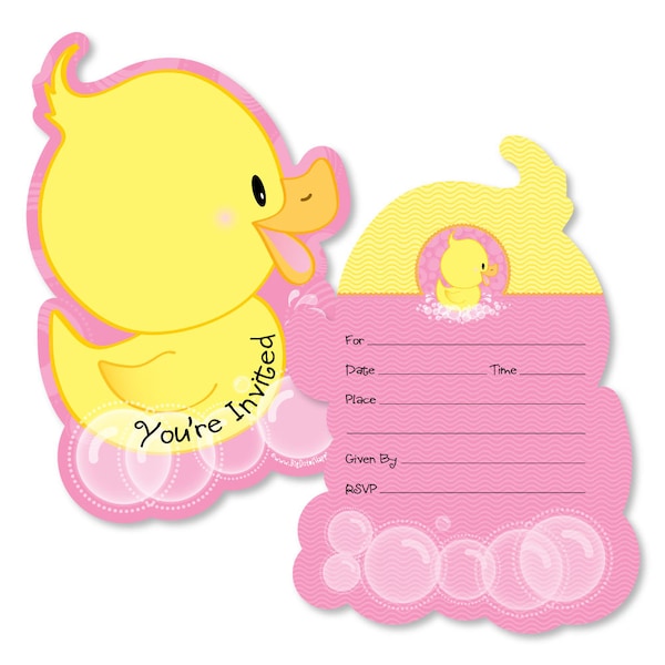 Pink Ducky Duck - Shaped Fill-in Invitations - Pink Duck Shaped Invites - Baby Shower or Birthday Party - 12 Shaped Invites w/Envelopes
