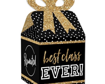 Reunited - Square Favor Gift Boxes - School Class Reunion Party Bow Boxes - Set of 12