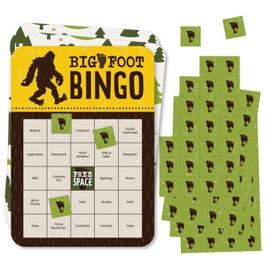 Sasquatch Crossing - Bingo Cards and Markers - Bigfoot Party or Birthday Party Bingo Game - Set of 18