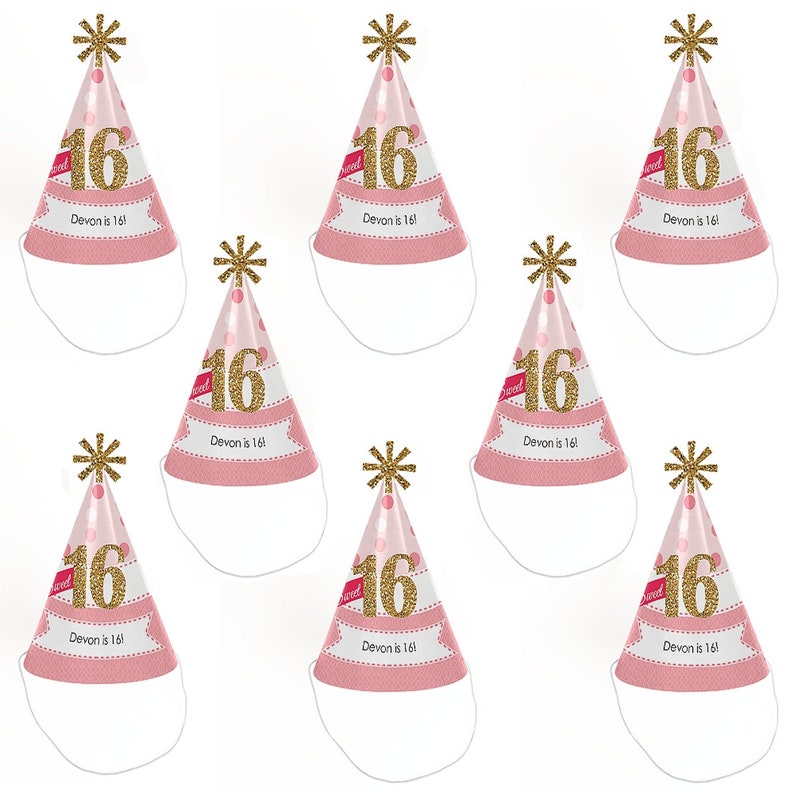 Set of 8 Cone Happy Birthday Party Hats for Kids and Adults Sweet 16 Birthday Party Hats Standard Size