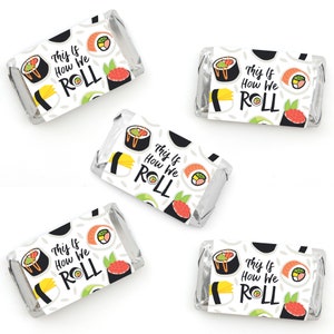 Lets Roll Sushi Mini Candy Bar Wrapper Stickers Japanese Party Small Favors 40 Count image 1