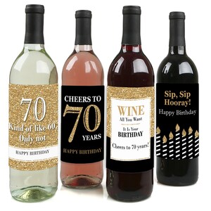 Adult 70th Birthday - Gold - Birthday Party Gift for Women and Men - Wine Bottle Label Stickers - Set of 4