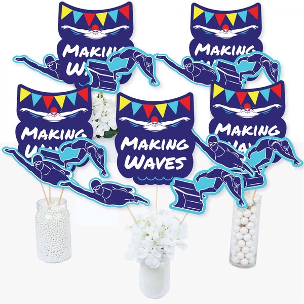 Making Waves - Swim Team - Centerpiece Sticks - Swimming Party Table Toppers - Swim Team Birthday Party Supplies -  Set of 15