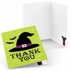 May include: Green thank you card with a black witch hat, purple band, and bats. The text "Thank You" is written in black with a spider underneath.