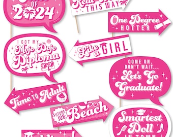 Funny Let's Go Graduate - Kit de accesorios para fotomatón de fiesta de graduación rosa fuerte 2024 - 10 piezas