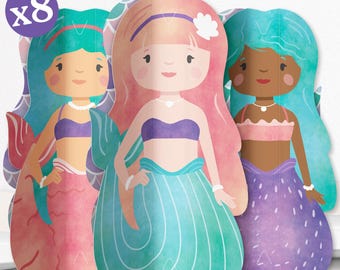 May include: Set of eight mermaid cutouts, featuring three different mermaids with pink, blue, and purple tails. Each mermaid has a different skin tone and hair color. The cutouts are perfect for decorating a mermaid-themed party.
