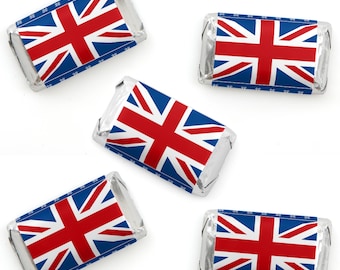 May include: Five silver foil-wrapped chocolate bars with a Union Jack flag design. The flag is red, white, and blue.