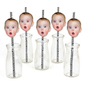 Fun Face Cutout Paper Straw Decor - Custom Photo Head Cut Out Striped Decorative Straws - Upload 1 Photo - Set of 24