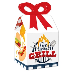 Fire Up the Grill - Square Favor Gift Boxes - Summer BBQ Picnic Party Bow Boxes - Set of 12
