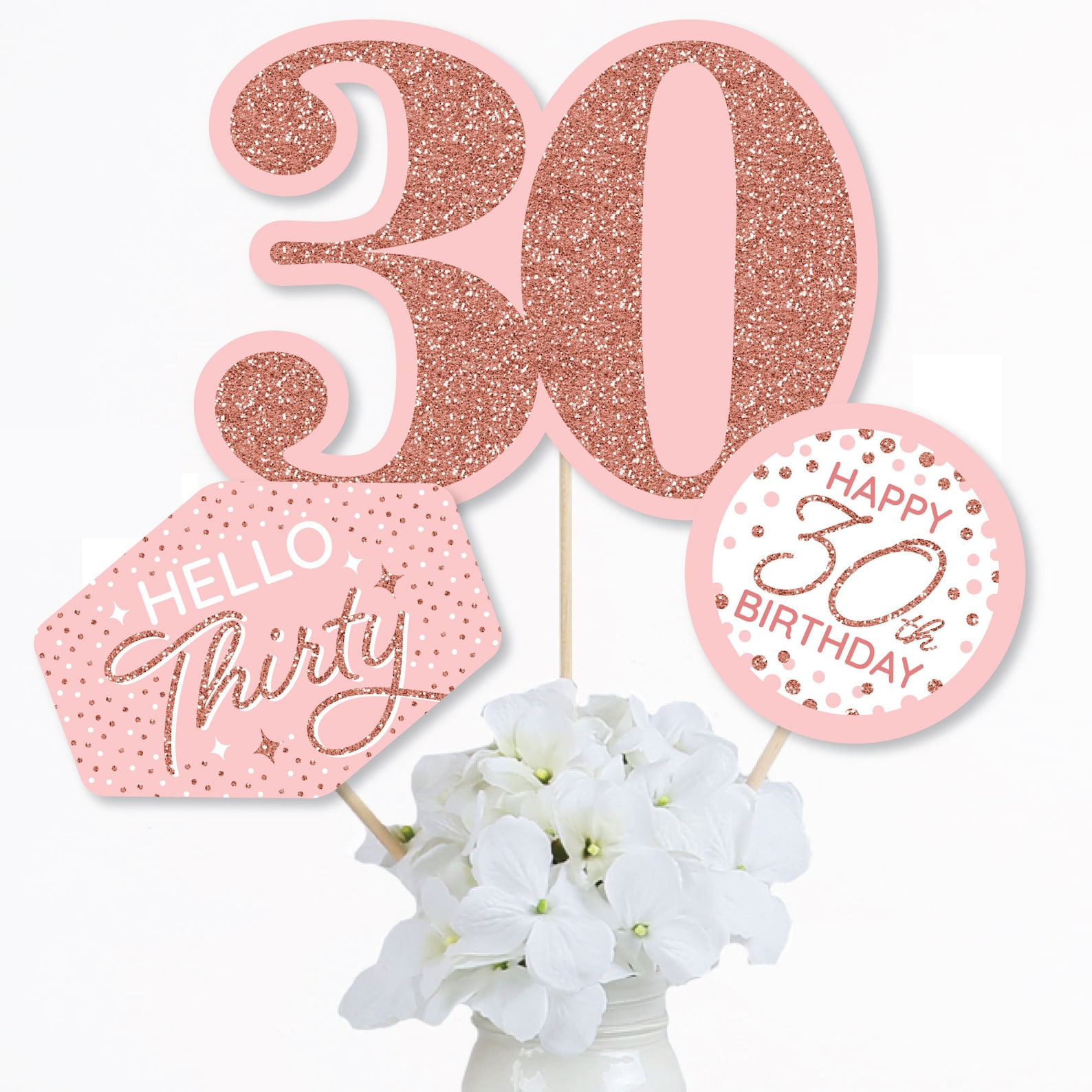 30th Pink Rose Gold Birthday - Happy Birthday Party Centerpiece Sticks ...