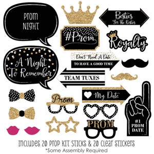 Prom Night - 20 Piece Photo Booth Props Kit - Black and Gold Prom Selfie Props - Senior Prom Decorations - Junior Prom Decorations