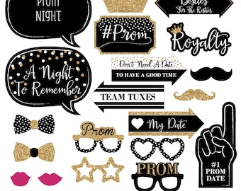 Prom Night - 20 Piece Photo Booth Props Kit - Black and Gold Prom Selfie Props - Senior Prom Decorations - Junior Prom Decorations