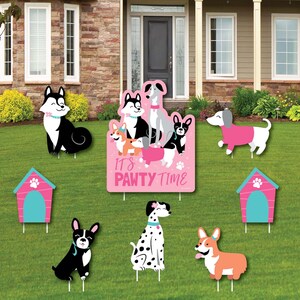 Pawty Like a Puppy Girl - Shaped Lawn Decorations - Outdoor Yard Decorations - Pink Dog Lawn Ornaments - Doggie Yard Signs - 8 Pc