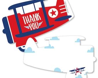 Taking Flight - Airplane - Shaped Thank You Cards - Vintage Plane Baby Shower or Birthday Party Thank You Note Cards with Envelopes - 12 Ct.