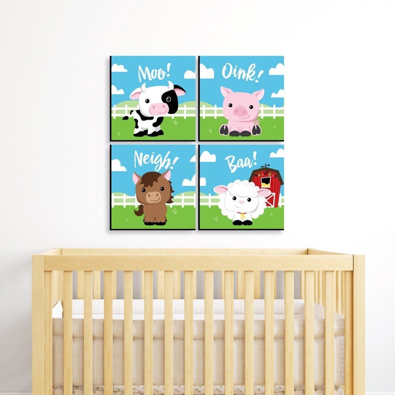 Farm Animals Barnyard Kids Room, Nursery Décor and Home Décor 11 x 11 inches Nursery Wall Art Set of 4 Prints for Babys Room image 2