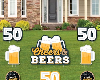 Cheers and Beers to 50 Years - Yard Sign and Outdoor Lawn Decorations - 50th Birthday Party Yard Signs - Set of 8