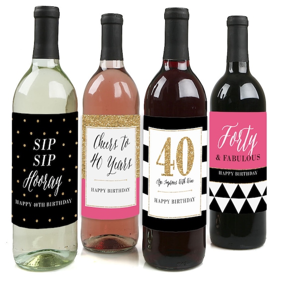 Chic 40th Birthday – Pink, Black, and Gold - Birthday Gift for Women - Wine Bottle Label Stickers - Set of 4 Il_570xn