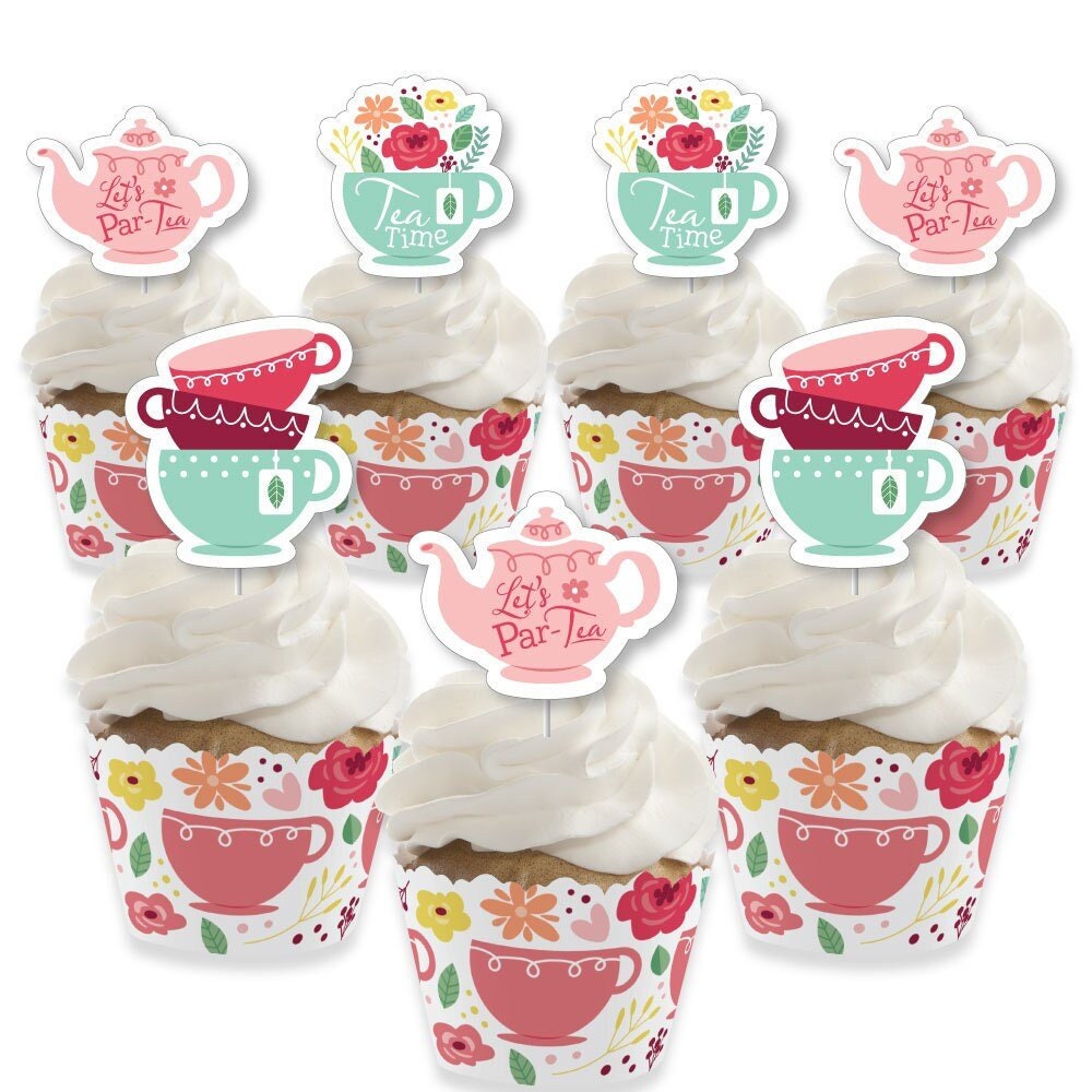 Floral Let’s Par-Tea - Cupcake Decoration - Garden Tea Party Cupcake Wrappers and Treat Picks Kit - Set of 24