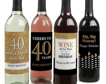 Adult 40th Birthday - Gold - Birthday Party Gift for Women and Men - Wine Bottle Label Stickers - Set 4