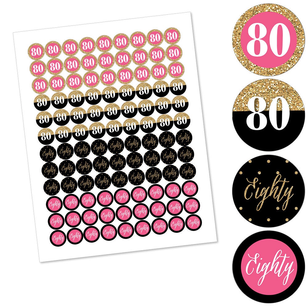 Hershey Kiss® Stickers - 80th Birthday - Round Candy Label Party Favors - Chic Pink, Black and Gold - Hershey Kisses Labels - 108 per Sheet