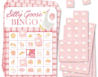 One Silly Goose Pink Bingo Cards and Markers, Girl 1st Birthday Party Activity, Picture Bingo Game - Set of 18