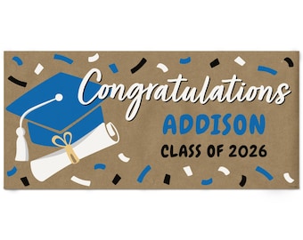 Personalized Blue Graduation Kraft Paper Banner, Congratulations Custom Name Printed Brown Paper Party Sign Decoration – 1 Count