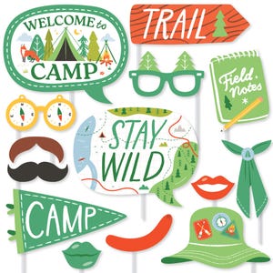 Camping Photo Booth Props Kit, Kids Birthday Decorations, Happy Camper Party Supplies - 20 Count Selfie Prop Sticks