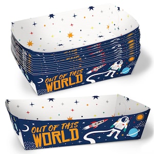 May include: A stack of rectangular paper trays with a space theme. The trays have a white interior with colorful stars and a dark blue exterior with an astronaut, rocket, and the text "OUT OF THIS WORLD".